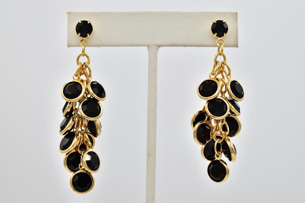 Vintage Black Open Bezel Crystal Dangle Earrings Gold Chandelier 1980s BinAZ